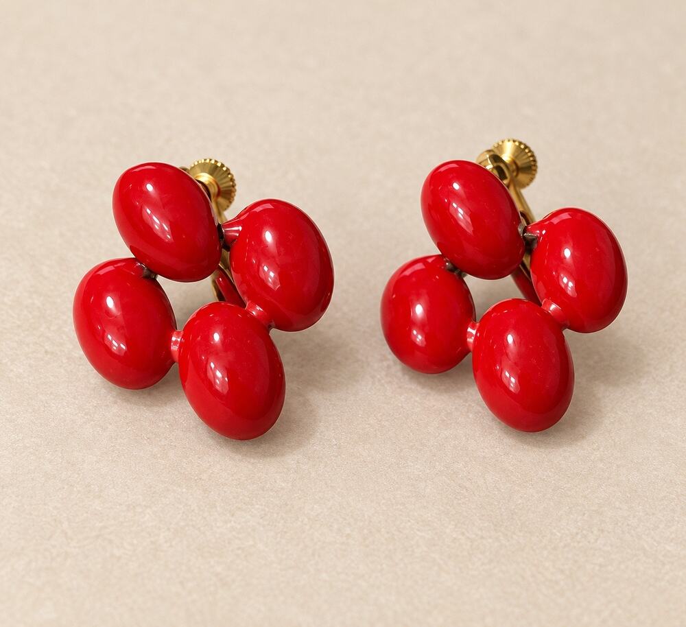 Vintage Napier Red Bead Cluster Earrings Signed Napier screw back